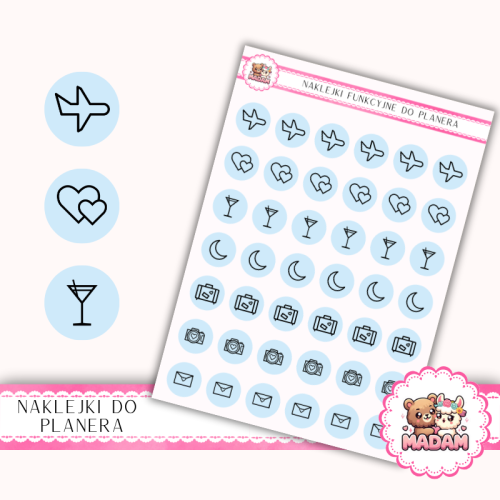 Naklejki Ikony Funkcyjne do Planera i Bullet Journal – Miesiąc Miodowy 13×18 – podróż poślubna Błękit Morski Pastel – MaDam Creative