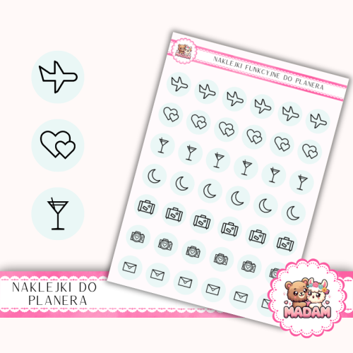 Naklejki Ikony Funkcyjne do Planera i Bullet Journal – Miesiąc Miodowy 13×18 – podróż poślubna Mgła Akwamarynowa – MaDam Creative