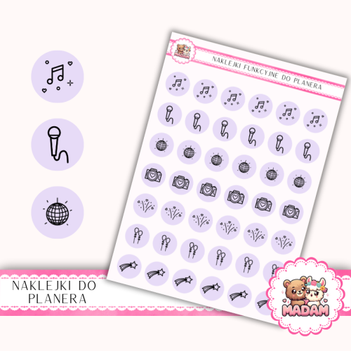 Naklejki Ikony Funkcyjne do Planera i Bullet Journal – Muzyka, Zabawa i Atrakcje 13×18 – DJ, dance Lawenda Pastelowa – MaDam Creative