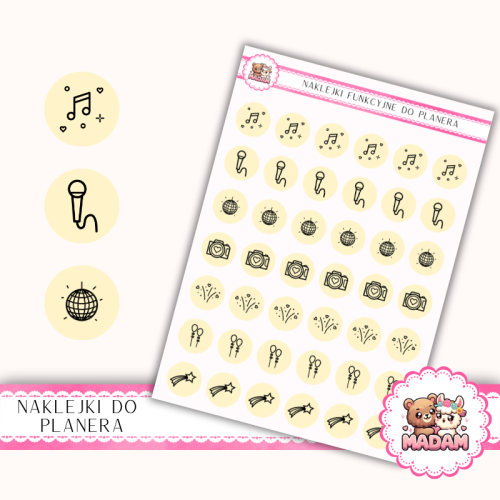 Naklejki Ikony Funkcyjne do Planera i Bullet Journal – Muzyka, Zabawa i Atrakcje 13×18 – DJ, dance Cytrynowy Pastel – MaDam Creative