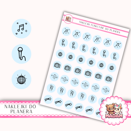 Naklejki Ikony Funkcyjne do Planera i Bullet Journal – Muzyka, Zabawa i Atrakcje 13×18 – DJ, dance Błękit Lodowy – MaDam Creative