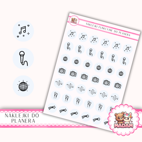 Naklejki Ikony Funkcyjne do Planera i Bullet Journal – Muzyka, Zabawa i Atrakcje 13×18 – DJ, dance Niebo Pastelowe – MaDam Creative