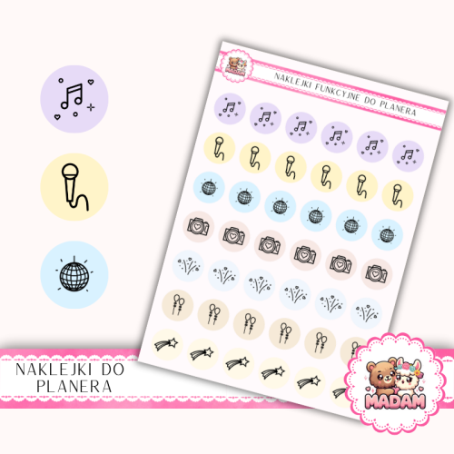 Naklejki Ikony Funkcyjne do Planera i Bullet Journal – Muzyka, Zabawa i Atrakcje 13×18 – DJ, dance MIX– MaDam Creative