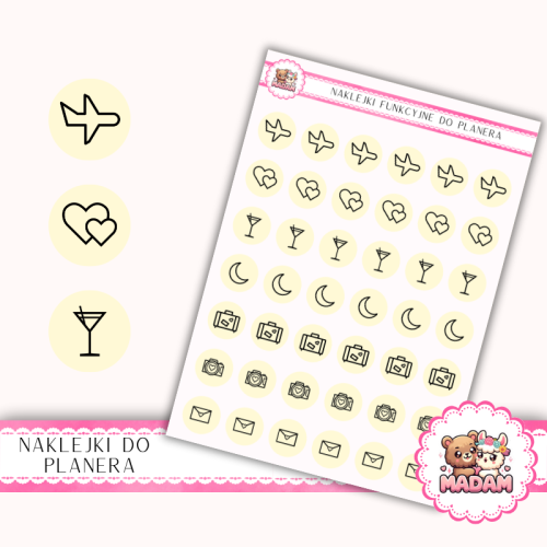 Naklejki Ikony Funkcyjne do Planera i Bullet Journal – Miesiąc Miodowy 13×18 – podróż poślubna Pastelowy Krem Cytrynowy – MaDam Creative