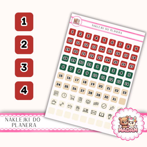 Naklejki Planerowe Dni Miesiąca i Ikony 13×18 – Świąteczny Mix Kolorów – MaDam Creative