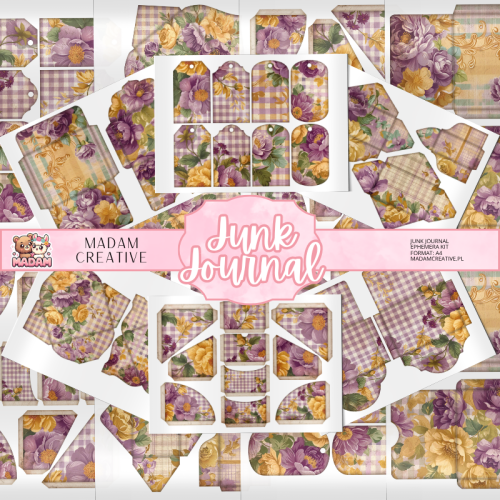 Zestaw Ephemera do Junk Journalingu i Scrapbookingu Fioletowo-Złote Kwiaty – Journal Kit MaDam Creative