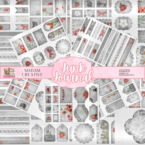Zestaw Ephemera do Junk Journalingu i Scrapbookingu Truskawki – Journal Kit MaDam Creative