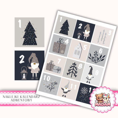 Naklejki na Kalendarz Adwentowy dla Dzieci 13x19 Skandynawskie Święta MaDam Creative