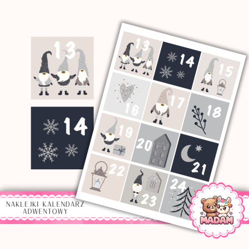 Naklejki na Kalendarz Adwentowy dla Dzieci 13x19 Skandynawskie Święta MaDam Creative