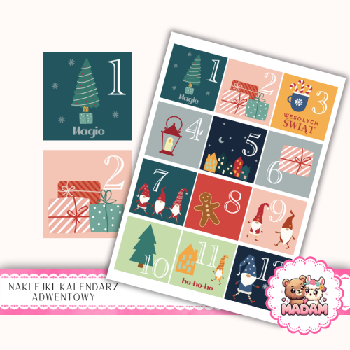 Naklejki na Kalendarz Adwentowy dla Dzieci 13x19 Skrzaty i Prezenty MaDam Creative