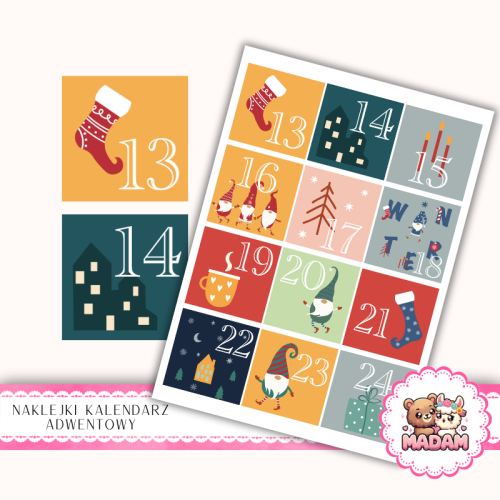 Naklejki na Kalendarz Adwentowy dla Dzieci 13x19 Skrzaty i Prezenty MaDam Creative