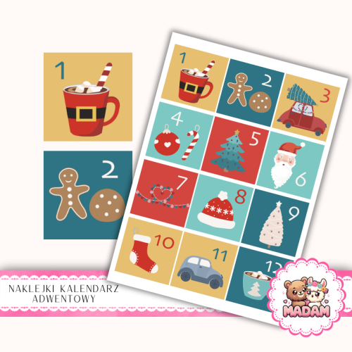 Naklejki na Kalendarz Adwentowy dla Dzieci 13x19 Klasyczne Święta MaDam Creative