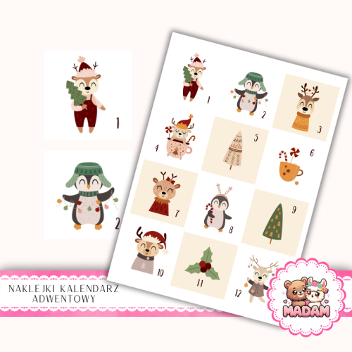 Naklejki na Kalendarz Adwentowy dla Dzieci 13x19 Renifery i Pingwiny MaDam Creative