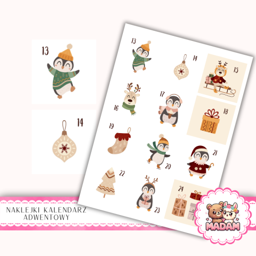 Naklejki na Kalendarz Adwentowy dla Dzieci 13x19 Renifery i Pingwiny MaDam Creative