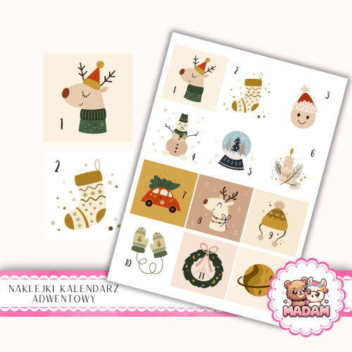 Naklejki na Kalendarz Adwentowy dla Dzieci 13x19 Renifer i Zimowe Dekoracje MaDam Creative