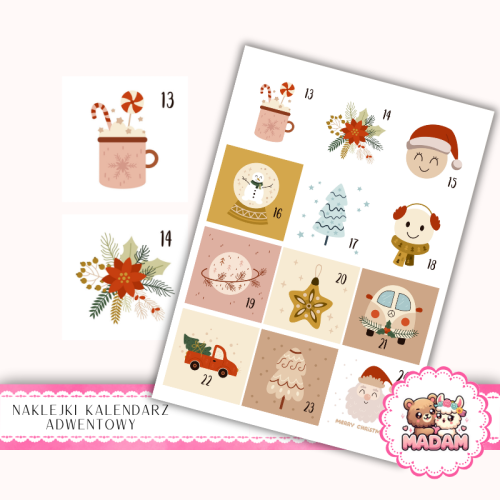 Naklejki na Kalendarz Adwentowy dla Dzieci 13x19 Renifer i Zimowe Dekoracje MaDam Creative