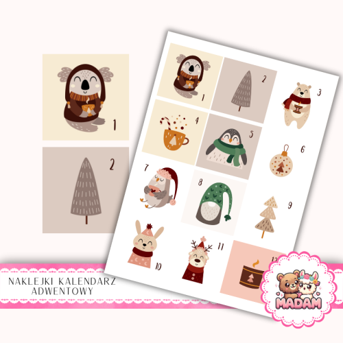 Naklejki na Kalendarz Adwentowy dla Dzieci 13x19 Pingwiny i Zwierzątka Świąteczne MaDam Creative