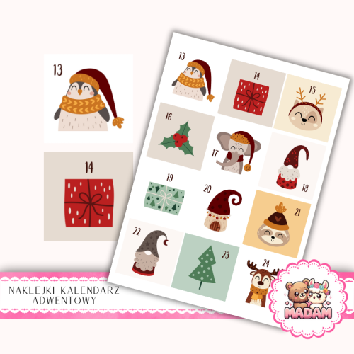 Naklejki na Kalendarz Adwentowy dla Dzieci 13x19 Pingwiny i Zwierzątka Świąteczne MaDam Creative(2).png