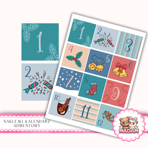 Naklejki na Kalendarz Adwentowy dla Dzieci 13x19 Wesołe Święta MaDam Creative