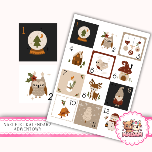 Naklejki na Kalendarz Adwentowy dla Dzieci 13x19 Retro Święta MaDam Creative