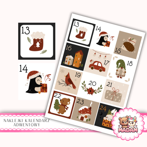 Naklejki na Kalendarz Adwentowy dla Dzieci 13x19 Retro Święta MaDam Creative