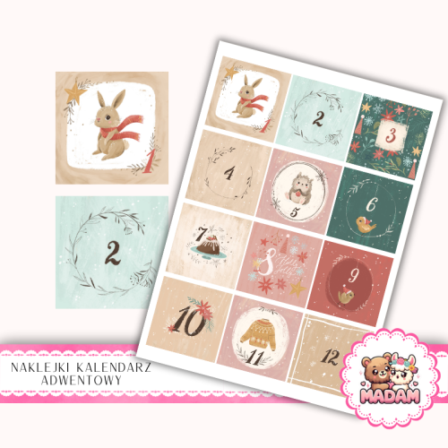 Naklejki na Kalendarz Adwentowy dla Dzieci 13x19 Zwierzątka i Vintage Święta MaDam Creative