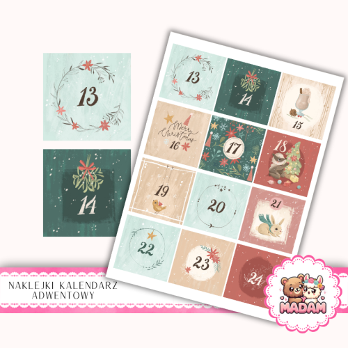 Naklejki na Kalendarz Adwentowy dla Dzieci 13x19 Zwierzątka i Vintage Święta MaDam Creative
