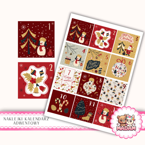 Naklejki na Kalendarz Adwentowy dla Dzieci 13x19 Bałwanki i Świąteczne Dekoracje MaDam Creative