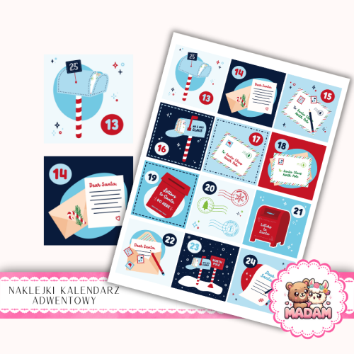 Naklejki na Kalendarz Adwentowy dla Dzieci 13x19 Listy do Świętego Mikołaja MaDam Creative