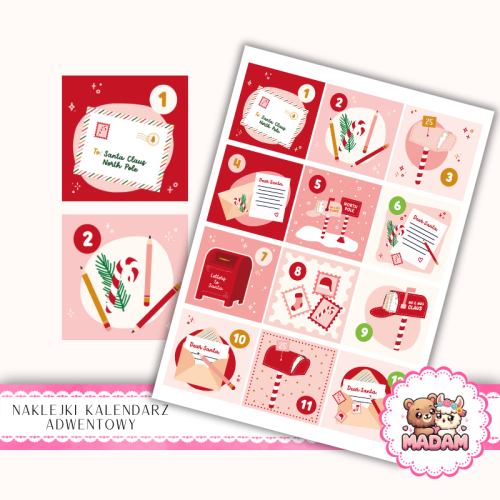 Naklejki na Kalendarz Adwentowy dla Dzieci 13x19 Poczta Świętego Mikołaja MaDam Creative