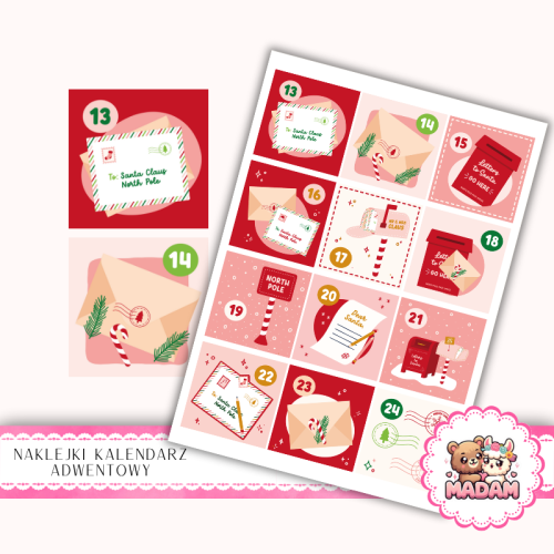 Naklejki na Kalendarz Adwentowy dla Dzieci 13x19 Poczta Świętego Mikołaja MaDam Creative