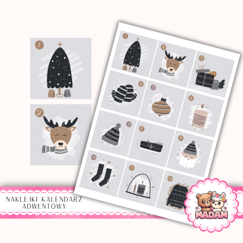 Naklejki na Kalendarz Adwentowy dla Dzieci 13x19 Skandynawskie Szarości MaDam Creative