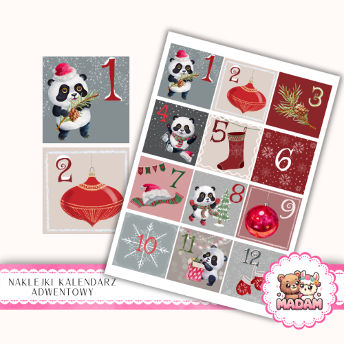 Naklejki na Kalendarz Adwentowy dla Dzieci 13x19 Panda Świąteczna MaDam Creative