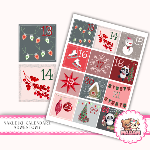 Naklejki na Kalendarz Adwentowy dla Dzieci 13x19 Panda Świąteczna MaDam Creative