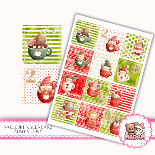 Naklejki na Kalendarz Adwentowy dla Dzieci 13x19 Skrzaty w Kubkach MaDam Creative