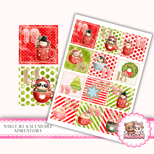 Naklejki na Kalendarz Adwentowy dla Dzieci 13x19 Skrzaty w Kubkach MaDam Creative