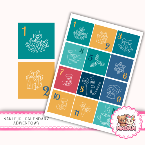 Naklejki na Kalendarz Adwentowy dla Dzieci 13x19 Kolorowe Ikony Świąteczne MaDam Creative
