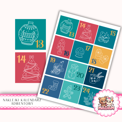 Naklejki na Kalendarz Adwentowy dla Dzieci 13x19 Kolorowe Ikony Świąteczne MaDam Creative
