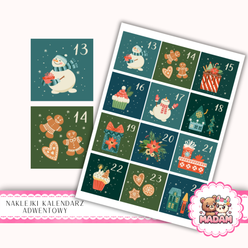 Naklejki na Kalendarz Adwentowy dla Dzieci 13x19 Świąteczne Domki i Prezenty MaDam Creative