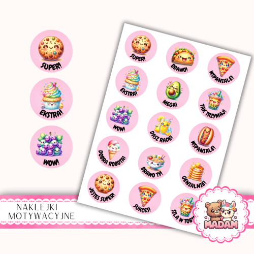Naklejki Motywacyjne dla Dzieci 13x19 Kawaii Jedzenie MaDam Creative
