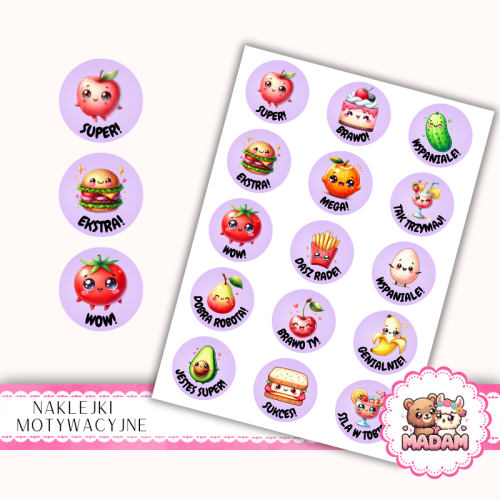 Naklejki Motywacyjne dla Dzieci 13x19 Kawaii Owoce i Jedzenie MaDam Creative