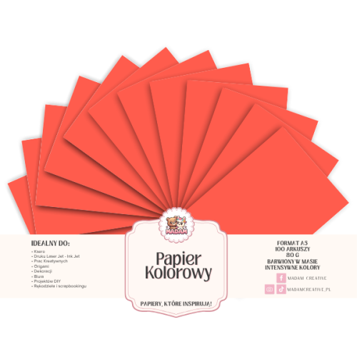 Papier Ksero Kolorowy Czerwony Koralowy A5 80g 100 arkuszy, MaDam Creative