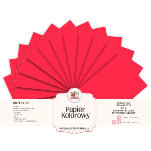 Papier Ksero Kolorowy Czerwony malinowy A4 80g 100 arkuszy, MaDam Creative