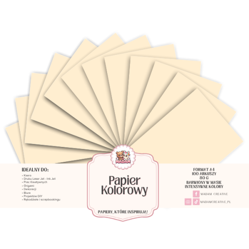 Papier Ksero Kolorowy Kremowy ecru A4 80g 100 arkuszy, MaDam Creative