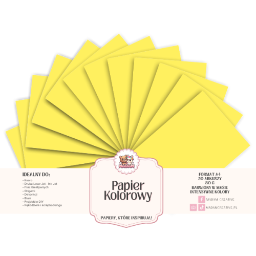 Papier Ksero Kolorowy Żółty pastelowy A4 80g 50 arkuszy, MaDam Creative