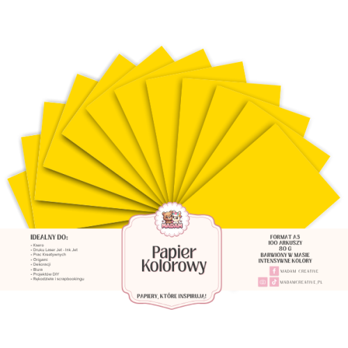 Papier Ksero Kolorowy Żółty kanarkowy A5 80g 100 arkuszy, MaDam Creative