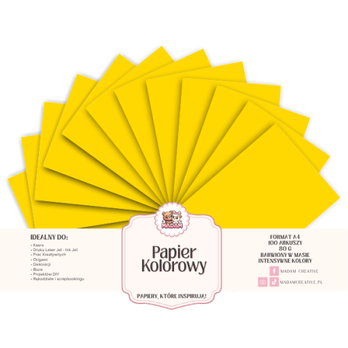Papier Ksero Kolorowy Żółty kanarkowy A4 80g 100 arkuszy, MaDam Creative