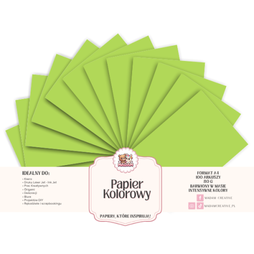 Papier Ksero Kolorowy Zieleń limonkowa A4 80g 100 arkuszy, MaDam Creative