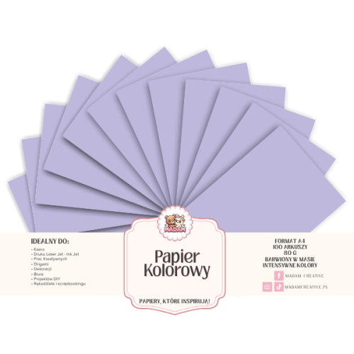 Papier Ksero Kolorowy Lawendowy pastelowy A4 80g 100 arkuszy, MaDam Creative