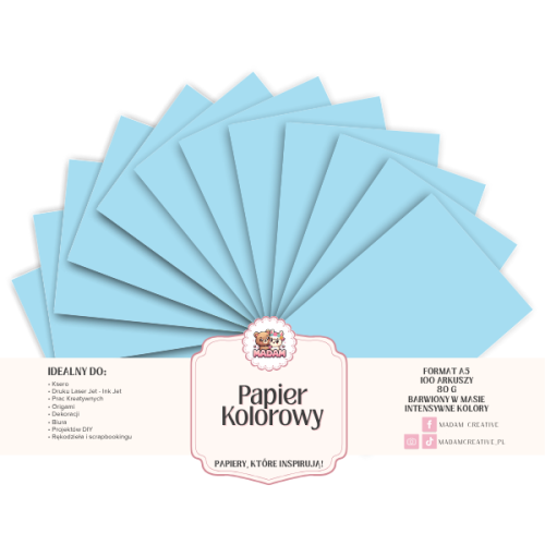 Papier Ksero Kolorowy Błękit lodowy A5 80g 100 arkuszy, MaDam Creative